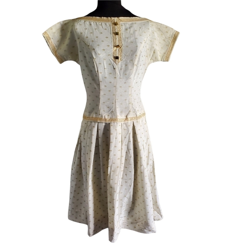 Vintage Handmade 50s Cream & Gold Greek Key Reverse Pleated Day Dress
